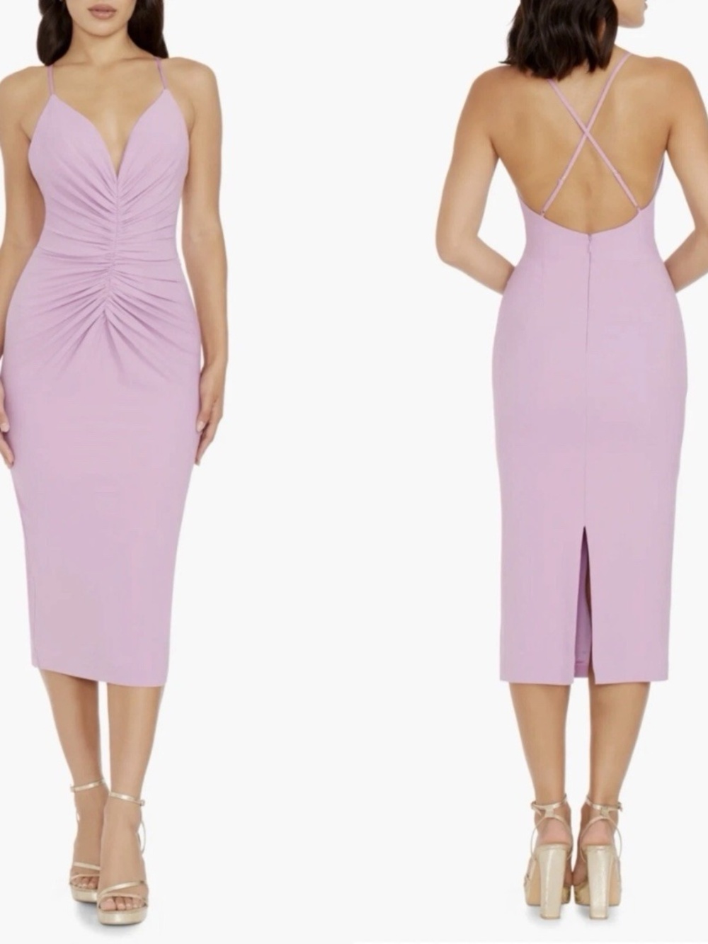 Dress The Population Viv Midi Dress Size M Lavender Ruched V Neck Sleeveless New